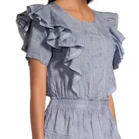 LoveShackFancy Natasha Dress Washed Denim Blue Ruffle Mini - Picture 2 of 11